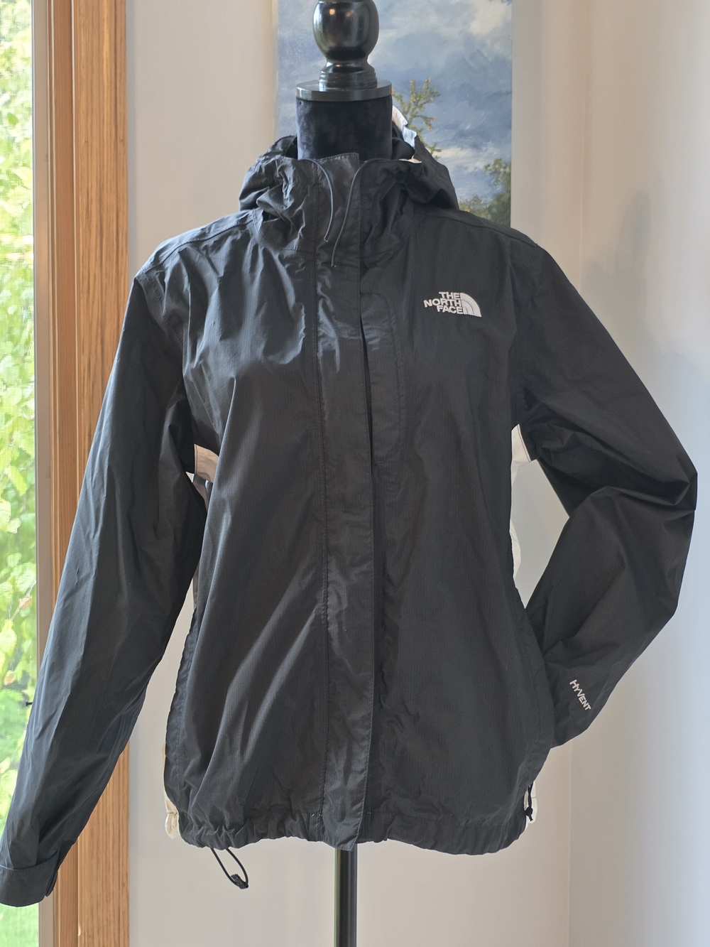 Black and White- The North Face HyVent Hooded Rain Jacket In Women's Medium
